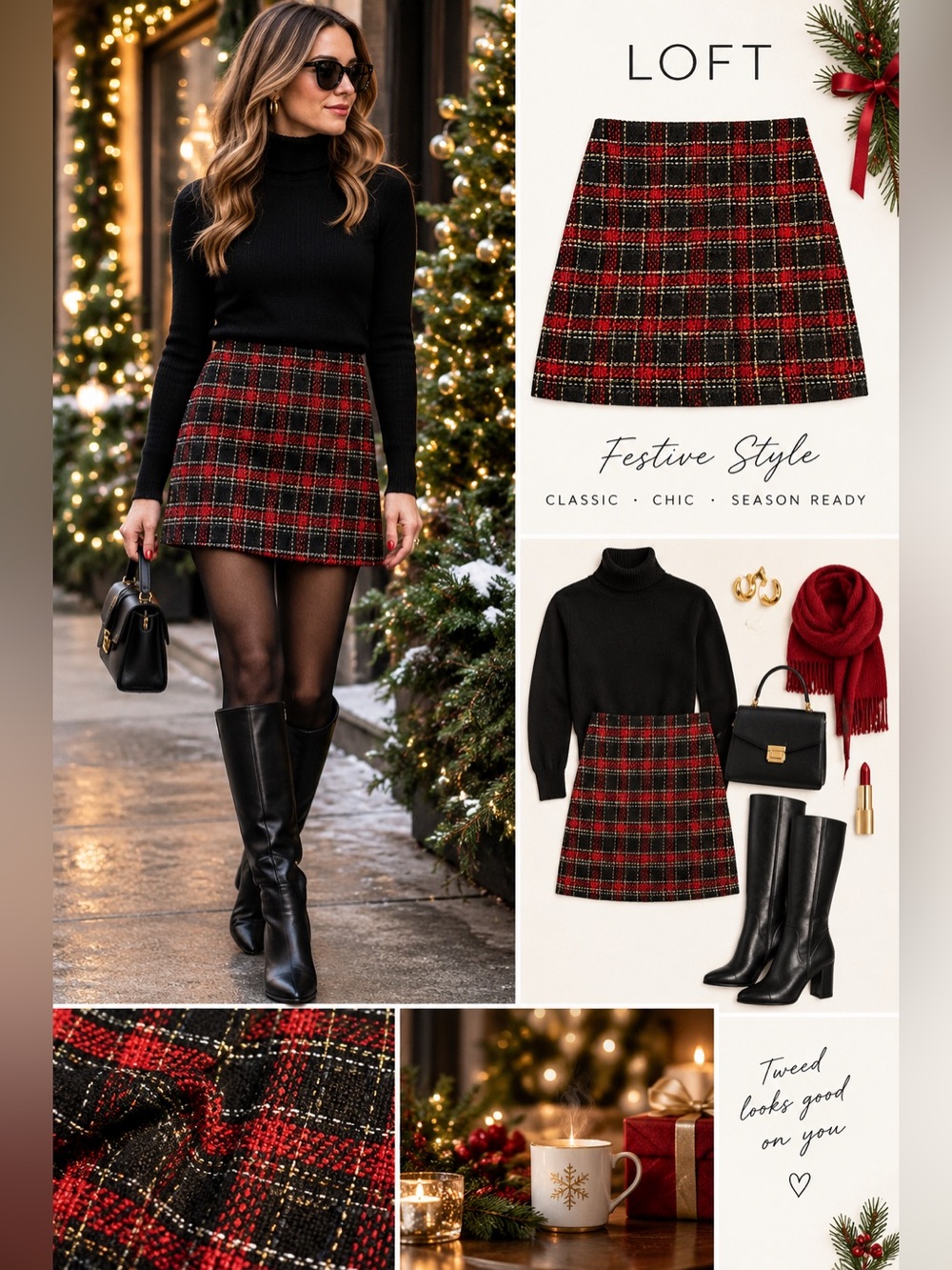 LOFT NWOT Red Black Plaid Tweed A-Line Mini Skirt Size 2 Festive Holiday